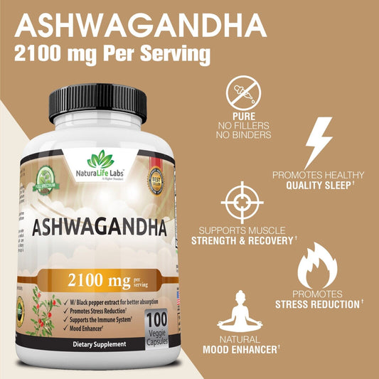 Organic Ashwagandha 2100Mg - 100 Vegan Capsules 100% Pure Organic