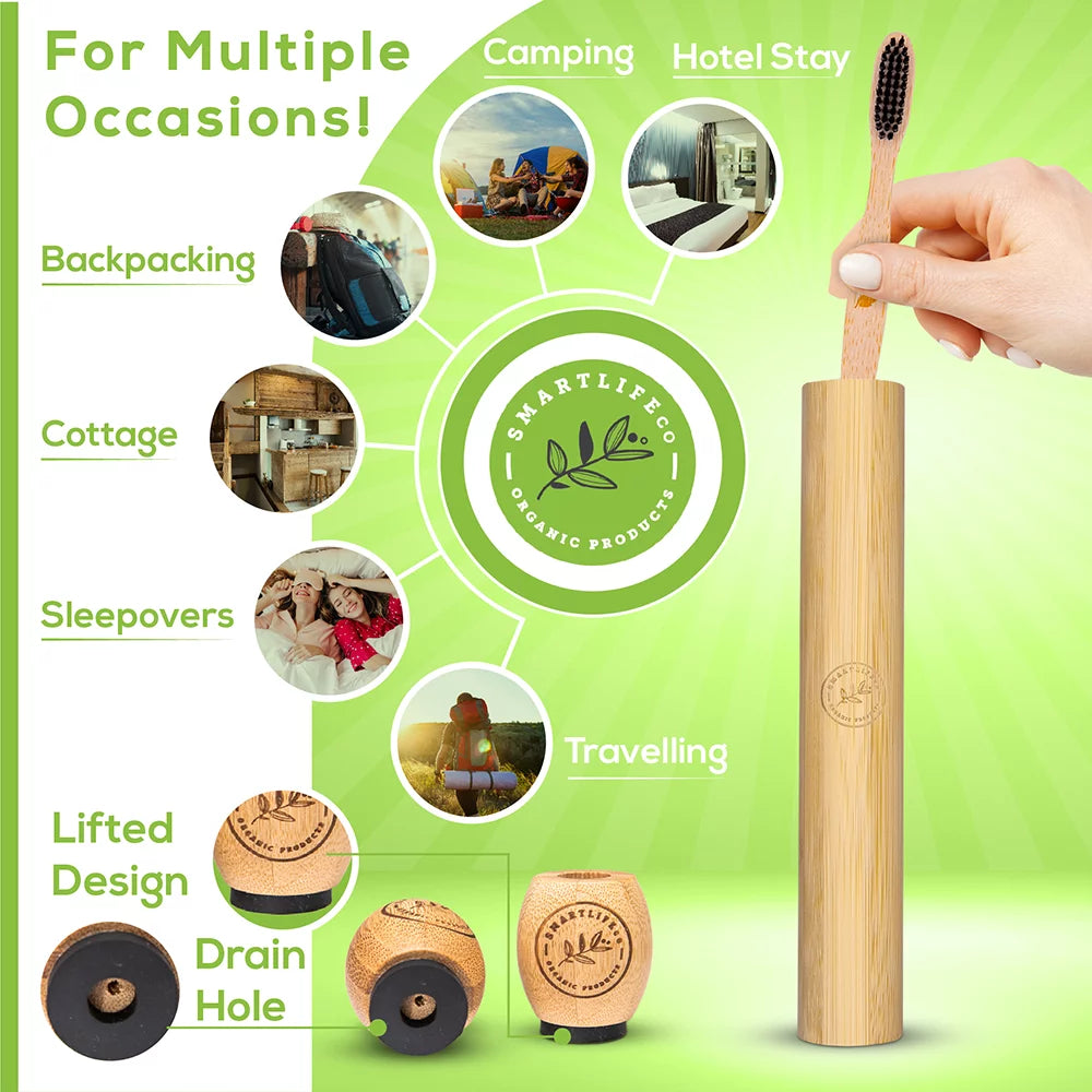 Bamboo Charcoal Toothbrush with Travel Case & Holder - Extra Soft Natural Bristles for Sensitive Teeth | Eco Friendly Portable Wooden Travel Kit | Organic Wood Toothbrushes Stand & Cover