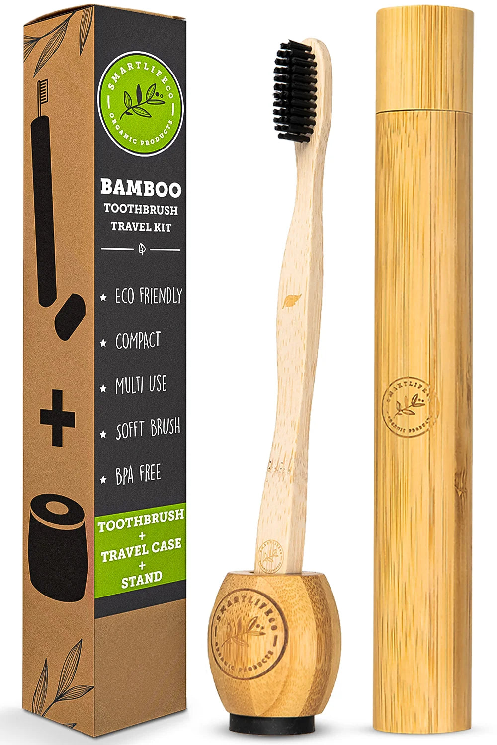 Bamboo Charcoal Toothbrush with Travel Case & Holder - Extra Soft Natural Bristles for Sensitive Teeth | Eco Friendly Portable Wooden Travel Kit | Organic Wood Toothbrushes Stand & Cover